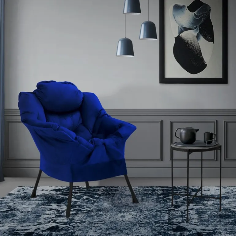 Relaxsessel Dunkelblau mit Armlehnen und dickem Kopfkissen und Metallgestell Loungesessel bis 120 kg ML-Design
