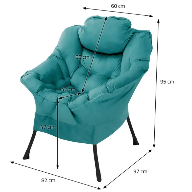 Relaxsessel Petrol mit Armlehnen und dickem Kopfkissen und Metallgestell Loungesessel bis 120 kg ML-Design
