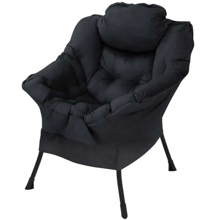 Relaxsessel Schwarz mit Armlehnen und dickem Kopfkissen und Metallgestell Loungesessel bis 120 kg ML-Design