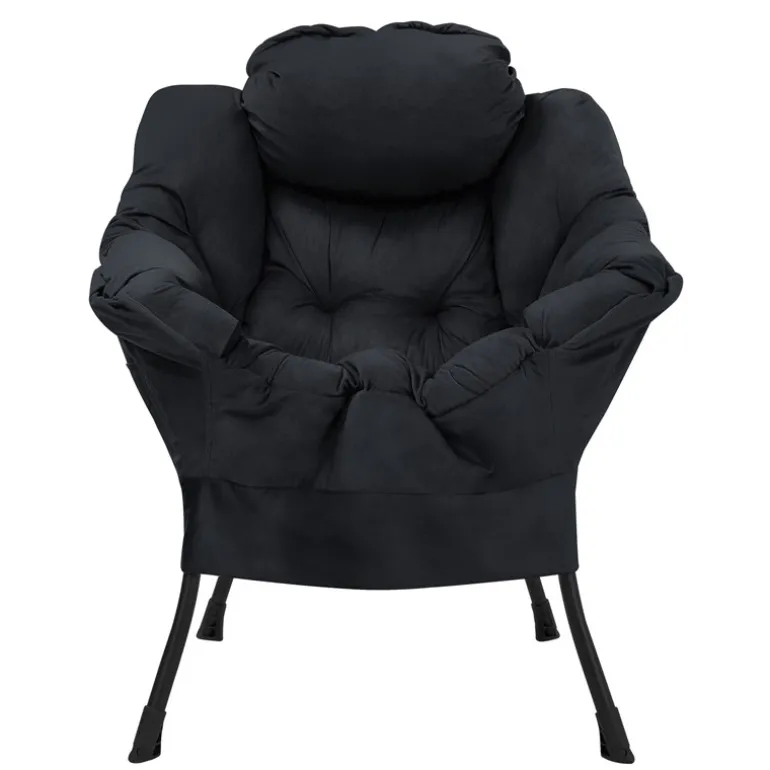 Relaxsessel Schwarz mit Armlehnen und dickem Kopfkissen und Metallgestell Loungesessel bis 120 kg ML-Design