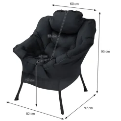 Relaxsessel Schwarz mit Armlehnen und dickem Kopfkissen und Metallgestell Loungesessel bis 120 kg ML-Design
