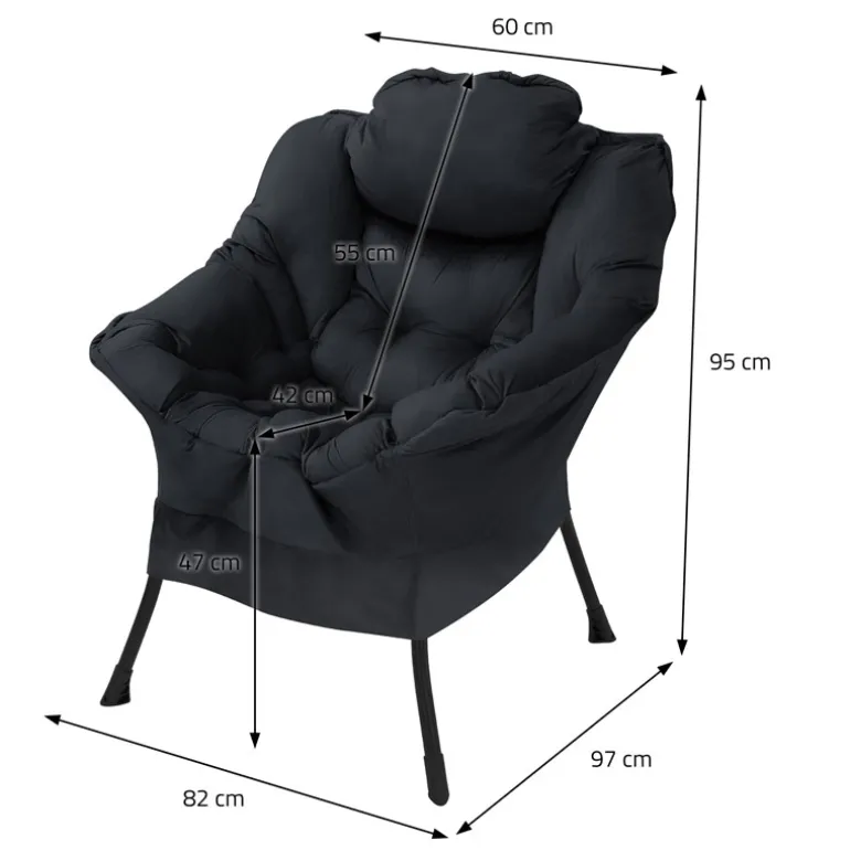 Relaxsessel Schwarz mit Armlehnen und dickem Kopfkissen und Metallgestell Loungesessel bis 120 kg ML-Design