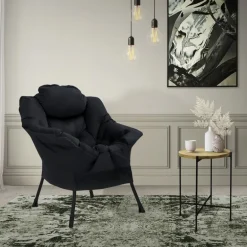 Relaxsessel Schwarz mit Armlehnen und dickem Kopfkissen und Metallgestell Loungesessel bis 120 kg ML-Design
