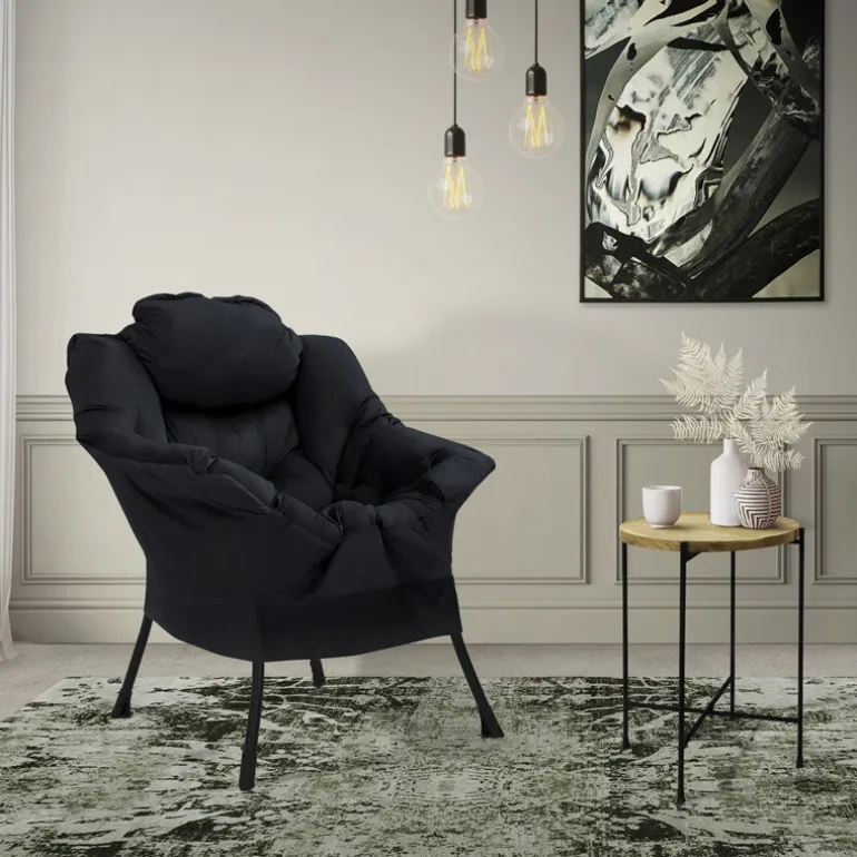 Relaxsessel Schwarz mit Armlehnen und dickem Kopfkissen und Metallgestell Loungesessel bis 120 kg ML-Design