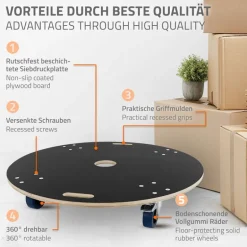 Rollbrett Möbelroller rund Ø 87 cm aus Multiplex mit Feststellbremsen Tragkraft 800 kg