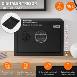 Safe Tresor 16L aus Stahl mit Elektronikschloss, Notschlüsseln und feuerfester Tasche