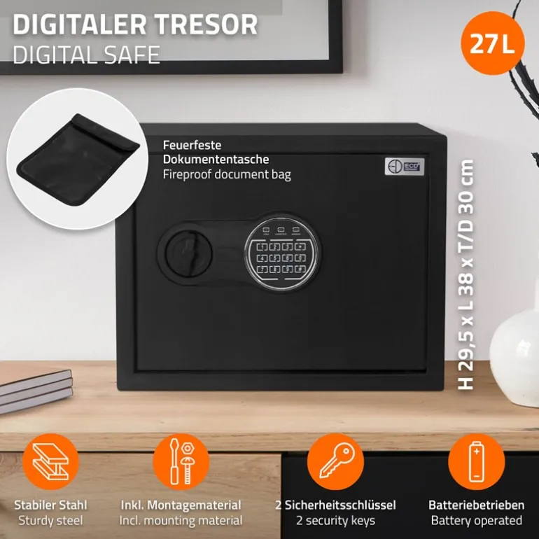 Safe Tresor 27L aus Stahl mit Elektronikschloss, Notschlüsseln und feuerfester Tasche