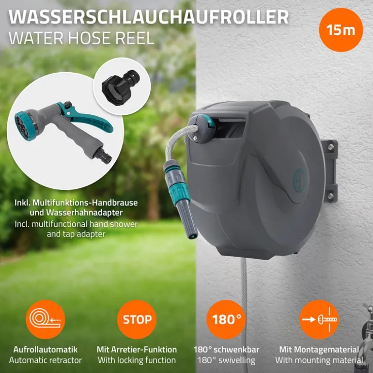 Schlauchaufroller 15m+1.5m Schlauchtrommel Wand-Schlauchbox RollUp mit Arretierstop und 9 Sprühfunktionen 180° Schwenkbar