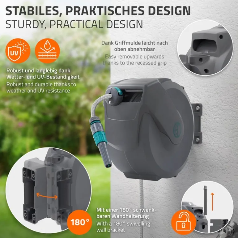 Schlauchaufroller 15m+1.5m Schlauchtrommel Wand-Schlauchbox RollUp mit Arretierstop und 9 Sprühfunktionen 180° Schwenkbar