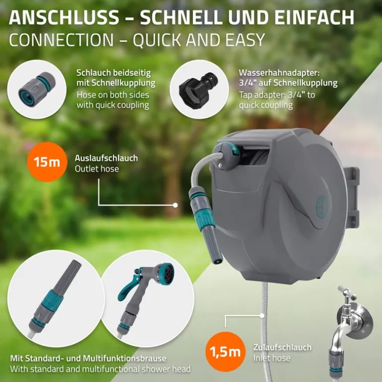 Schlauchaufroller 15m+1.5m Schlauchtrommel Wand-Schlauchbox RollUp mit Arretierstop und 9 Sprühfunktionen 180° Schwenkbar
