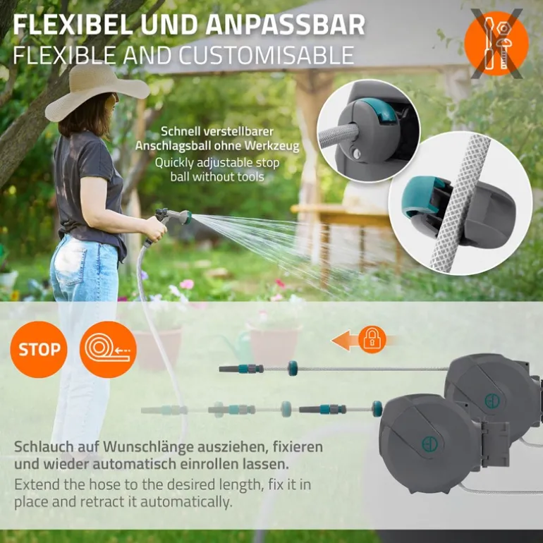 Schlauchaufroller 15m+1.5m Schlauchtrommel Wand-Schlauchbox RollUp mit Arretierstop und 9 Sprühfunktionen 180° Schwenkbar