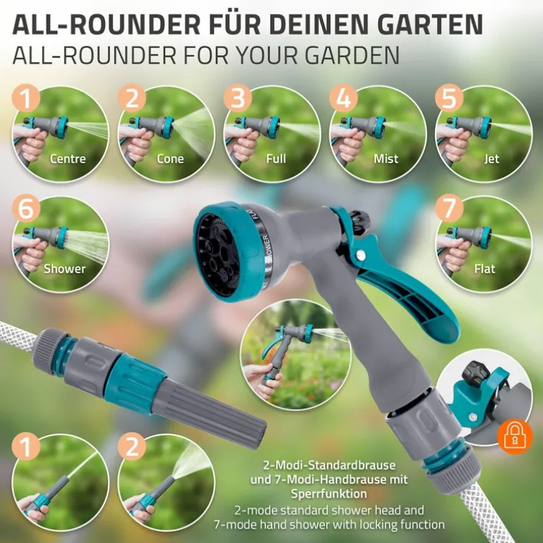 Schlauchaufroller 15m+1.5m Schlauchtrommel Wand-Schlauchbox RollUp mit Arretierstop und 9 Sprühfunktionen 180° Schwenkbar