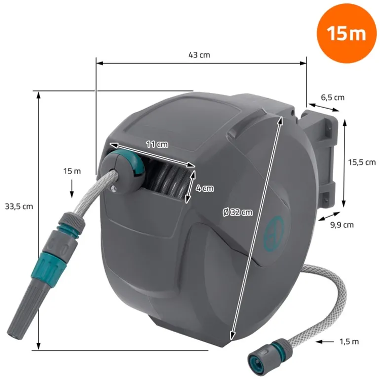Schlauchaufroller 15m+1.5m Schlauchtrommel Wand-Schlauchbox RollUp mit Arretierstop und 9 Sprühfunktionen 180° Schwenkbar