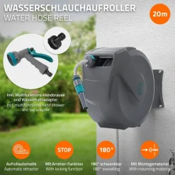 Schlauchaufroller 20m+2m Schlauchtrommel Wand-Schlauchbox RollUp mit Arretierstop und 9 Sprühfunktionen 180° Schwenkbar