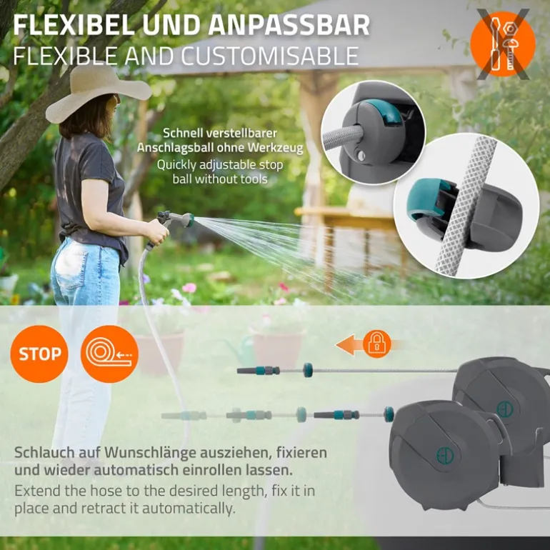 Schlauchaufroller 20m+2m Schlauchtrommel Wand-Schlauchbox RollUp mit Arretierstop und 9 Sprühfunktionen 180° Schwenkbar