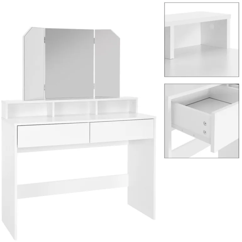 Schminktisch Frisiertisch 100x40x140 cm in Weiß mit Spiegel 3-tlg, 2 Schubladen & Hocker ML-Design