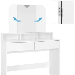 Schminktisch Frisiertisch 100x40x140 cm in Weiß mit Spiegel 3-tlg, 2 Schubladen & Hocker ML-Design