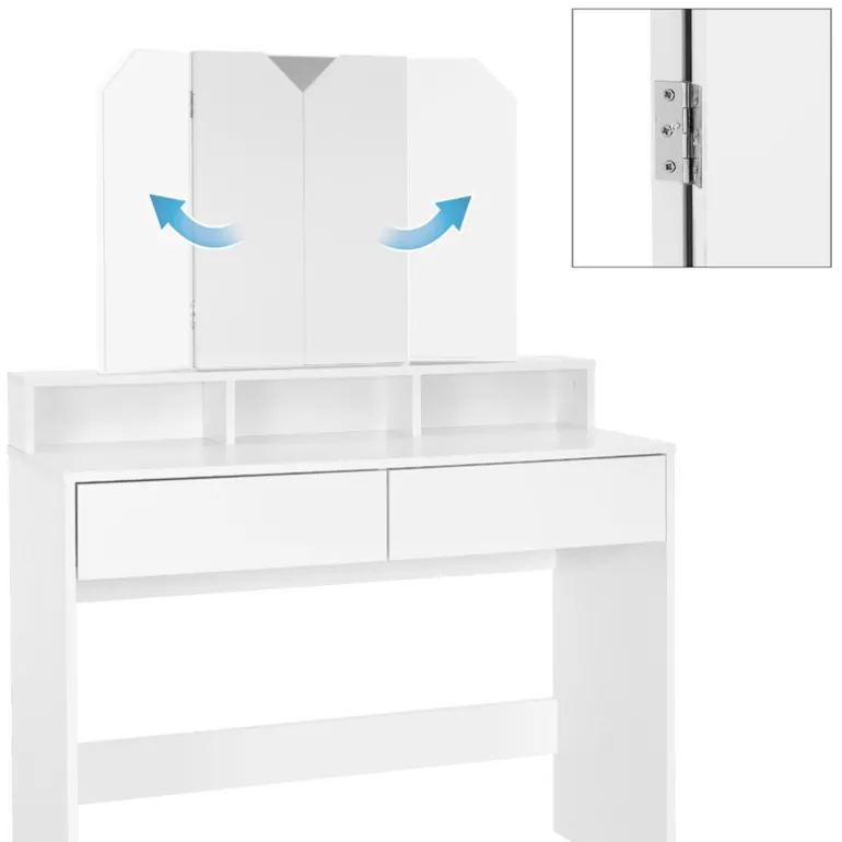 Schminktisch Frisiertisch 100x40x140 cm in Weiß mit Spiegel 3-tlg, 2 Schubladen & Hocker ML-Design