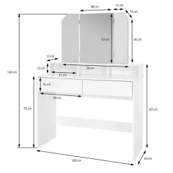 Schminktisch Frisiertisch 100x40x140 cm in Weiß mit Spiegel 3-tlg, 2 Schubladen & Hocker ML-Design