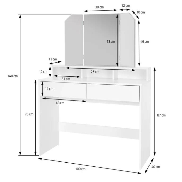 Schminktisch Frisiertisch 100x40x140 cm in Weiß mit Spiegel 3-tlg, 2 Schubladen & Hocker ML-Design