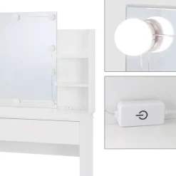 Schminktisch Frisiertisch 108x40x140 cm in Weiß mit Spiegel, LED Beleuchtung, Schublade & Hocker ML-Design