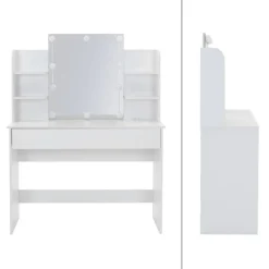 Schminktisch Frisiertisch 108x40x140 cm in Weiß mit Spiegel, LED-Beleuchtung &  Schublade ML-Design