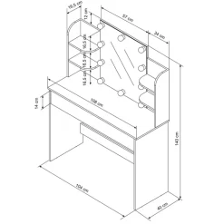 Schminktisch Frisiertisch 108x40x140 cm in Weiß mit Spiegel, LED-Beleuchtung, großer Schublade & Hocker ML-Design
