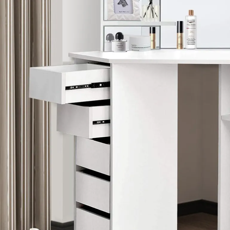Schminktisch Frisiertisch 110x142x54 cm in Weiß Ecktisch mit Spiegel 3-tlg & 5 Schubladen ML-Design