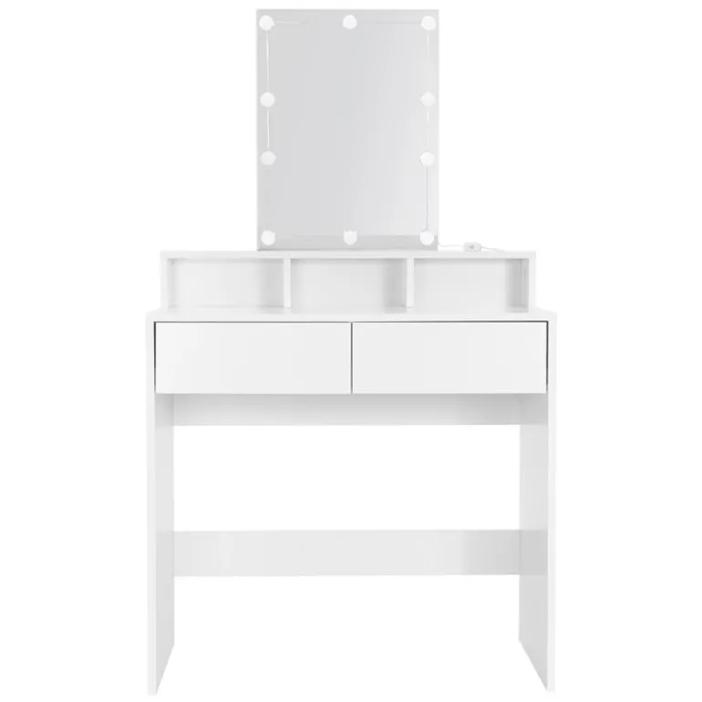 Schminktisch Frisiertisch 80x40x140 cm in Weiß mit LED-Beleuchtung, Spiegel, 2 Schubladen & 3 Fächer ML-Design