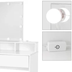 Schminktisch Frisiertisch 80x40x140 cm in Weiß mit LED-Beleuchtung, Spiegel, 2 Schubladen & 3 Fächer ML-Design