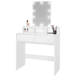 Schminktisch Frisiertisch 80x40x140 cm in Weiß mit LED-Beleuchtung, Spiegel, 2 Schubladen & 3 Fächer ML-Design