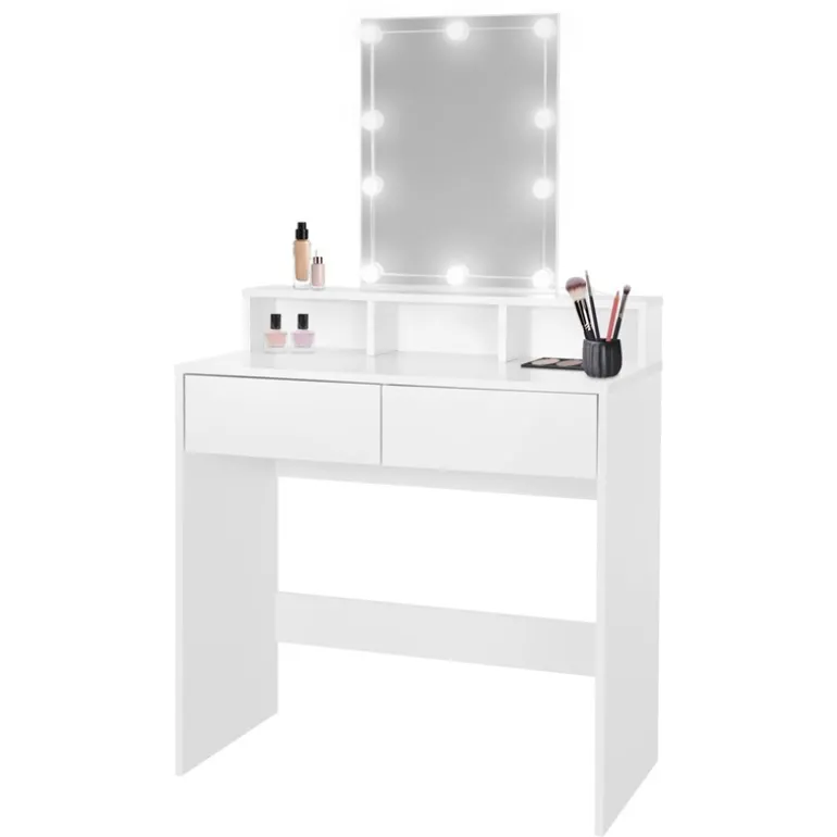 Schminktisch Frisiertisch 80x40x140 cm in Weiß mit LED-Beleuchtung, Spiegel, 2 Schubladen & 3 Fächer ML-Design