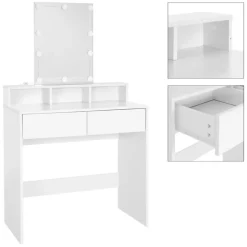 Schminktisch Frisiertisch 80x40x140 cm in Weiß mit LED-Beleuchtung, Spiegel, 2 Schubladen & Hocker ML-Design