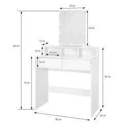 Schminktisch Frisiertisch 80x40x140 cm in Weiß mit LED-Beleuchtung, Spiegel, 2 Schubladen & Hocker ML-Design