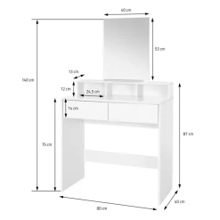 Schminktisch Frisiertisch 80x40x140 cm in Weiß mit Spiegel, 2 Schubladen und 3 Ablagen ML-Design