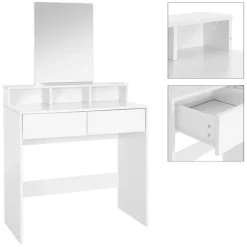 Schminktisch Frisiertisch 80x40x140 cm in Weiß mit Spiegel, 2 Schubladen, 3 Ablagen & Hocker ML-Design
