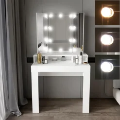 Schminktisch Frisiertisch 89,5x155x43,5 cm in Weiß mit LED Beleuchtung 3-tlg, Spiegel, Schublade & 3 Fächer ML-Design