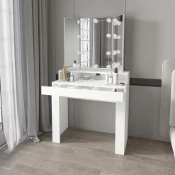 Schminktisch Frisiertisch 89,5x155x43,5 cm in Weiß mit LED Beleuchtung 3-tlg, Spiegel, Schublade & 3 Fächer ML-Design