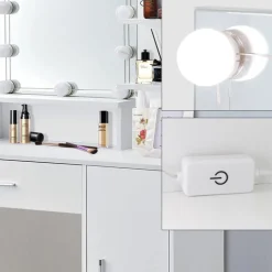 Schminktisch Frisiertisch 90x38x137 cm in Weiß mit LED Beleuchtung, Spiegel, Schublade, Schrank & 3 Ablagen ML-Design