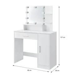 Schminktisch Frisiertisch 90x38x137 cm in Weiß mit LED Beleuchtung, Spiegel, Schublade, Schrank & 3 Ablagen ML-Design