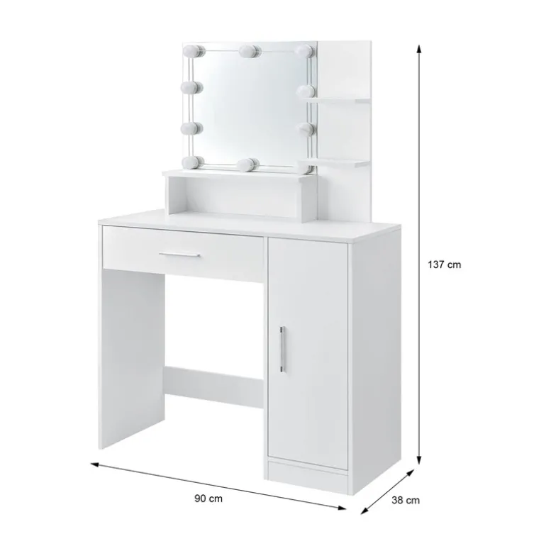 Schminktisch Frisiertisch 90x38x137 cm in Weiß mit LED Beleuchtung, Spiegel, Schublade, Schrank & 3 Ablagen ML-Design