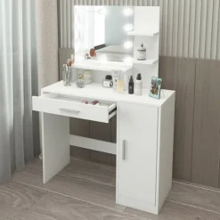 Schminktisch Frisiertisch 90x38x137 cm in Weiß mit LED Beleuchtung, Spiegel, Schublade, Schrank & 3 Ablagen ML-Design