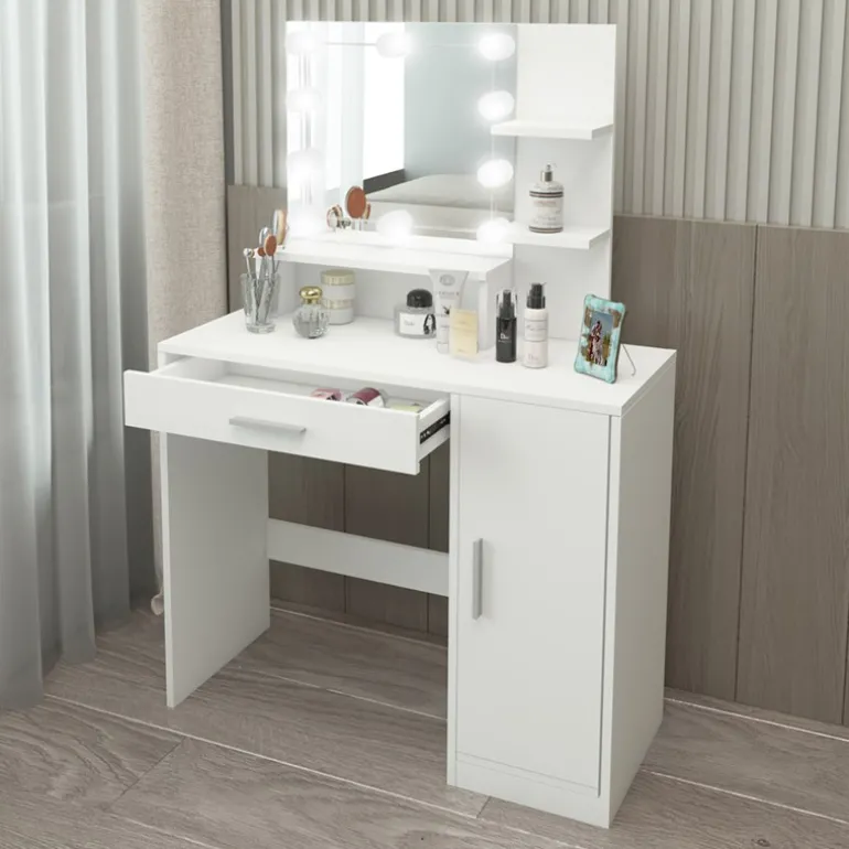 Schminktisch Frisiertisch 90x38x137 cm in Weiß mit LED Beleuchtung, Spiegel, Schublade, Schrank & 3 Ablagen ML-Design