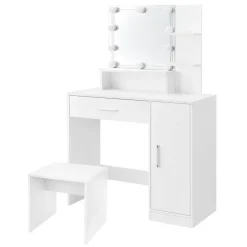 Schminktisch Frisiertisch 90x38x137 cm in Weiß mit LED Beleuchtung, Spiegel, Schublade, Schrank & Hocker ML-Design