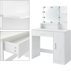 Schminktisch Frisiertisch 90x38x137 cm in Weiß mit LED Beleuchtung, Spiegel, Schublade, Schrank & Hocker ML-Design