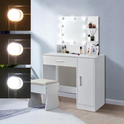 Schminktisch Frisiertisch 90x38x137 cm in Weiß mit LED Beleuchtung, Spiegel, Schublade, Schrank & Hocker ML-Design