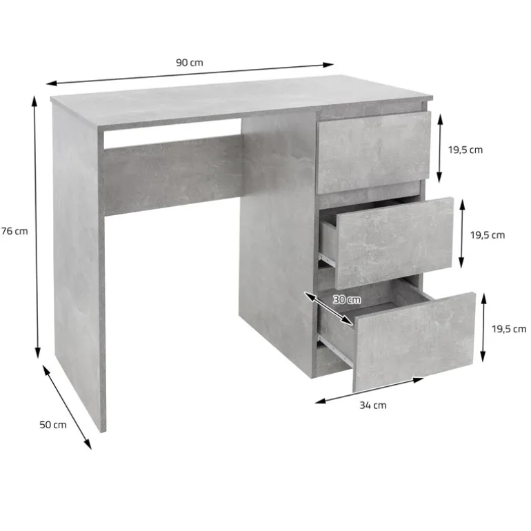 Schreibtisch mit drei Schubladen 90x76x50 cm Grau aus Holz ML-Design