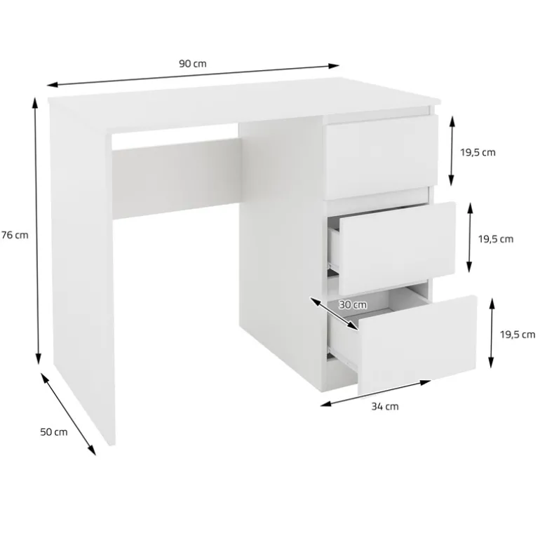 Schreibtisch mit drei Schubladen 90x76x50 cm Weiß aus Holz ML-Design