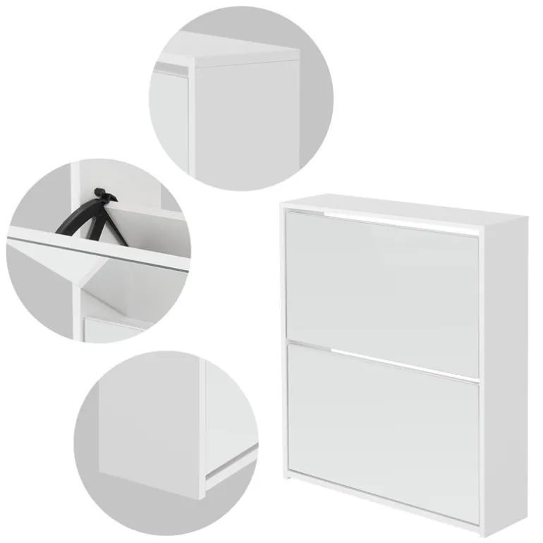 Schuhschrank mit zwei Fächern und Spiegel 63x17x67 cm Weiß ML-Design