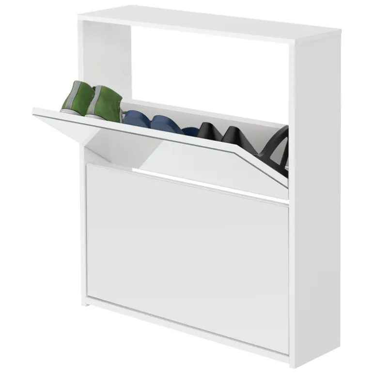 Schuhschrank mit zwei Fächern und Spiegel 63x17x67 cm Weiß ML-Design